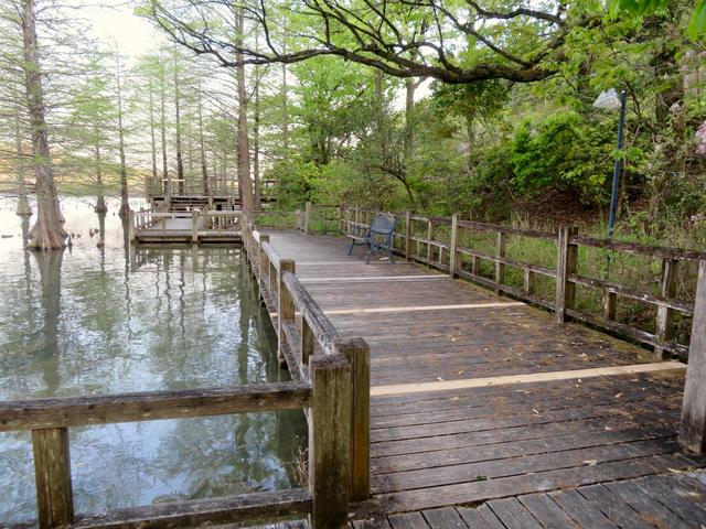 Long timber boardwalk deck running beside water