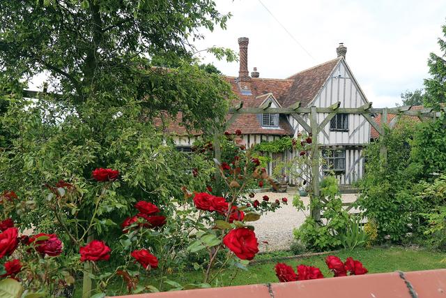 Garden with red roses in front of a house with timber framed walls